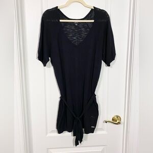 Y2K Guess V Neck Short Sleeve Belted Tunic Sweater Black Medium